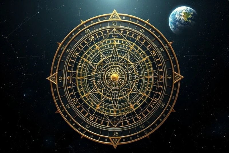 Ancient astrolabe with intricate gears and moving parts