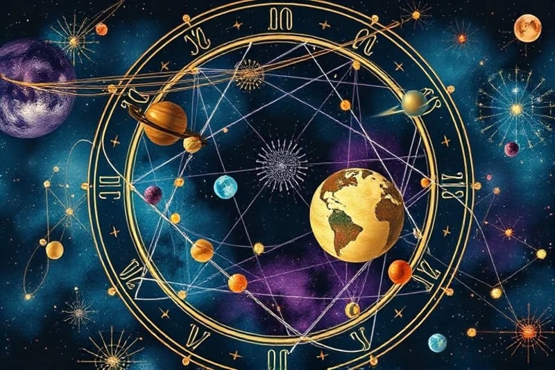 Abstract network of energetic lines and spheres interacting across a stylized globe
