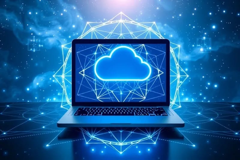 Flujo de datos armonioso entre laptop y nube con patrones geométricos