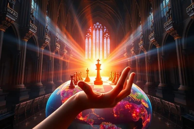 Mano celestial guiando piezas de ajedrez geopolíticas en un globo holográfico