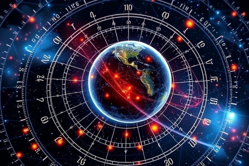 Red cuántica con planetas y flujos de energía