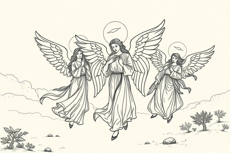 Grupo de seres celestiales etéreos irradiando tranquilidad y fuerza, supervisando un paisaje natural vibrante y armonioso con luz dorada.