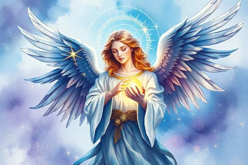 Representación detallada de un ángel con alas delicadas, sosteniendo un orbe brillante, rodeado de polvo cósmico y luz de estrellas.