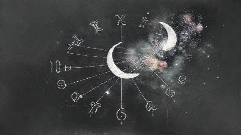 Ilustración acuarela de luna, estrellas, runas antiguas, líneas etéreas, conexión cósmica