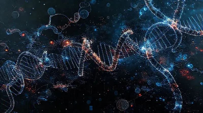 Abstract oil painting of intertwined DNA and human figures