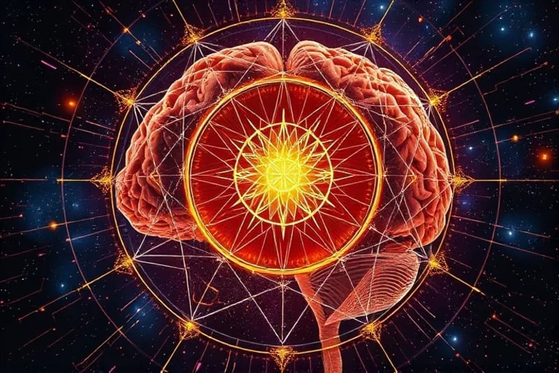 Abstract digital painting of a human brain merging with a network of data points and astrological symbols.