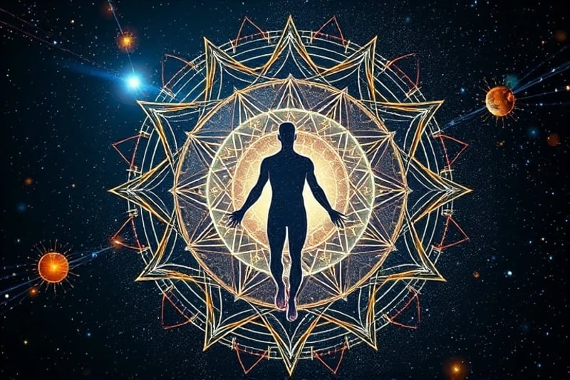 Holographic projection of a human silhouette made of light, interacting with a cosmic data visualization.