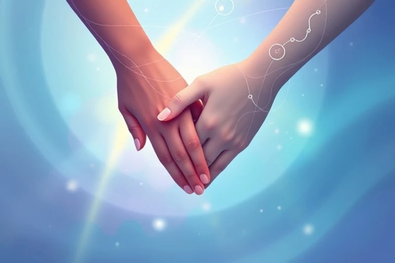 Manos entrelazadas de una pareja, con líneas de energía sutiles que las conectan, simbolizando la unión de almas y la influencia de vidas pasadas en su relación.