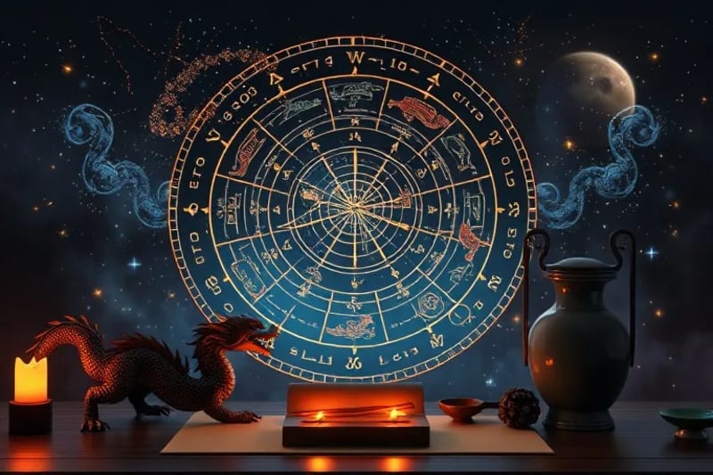 Diagrama estilizado del ciclo Wu Xing en un pergamino antiguo, rodeado de objetos simbólicos que representan los elementos y la sabiduría ancestral.
