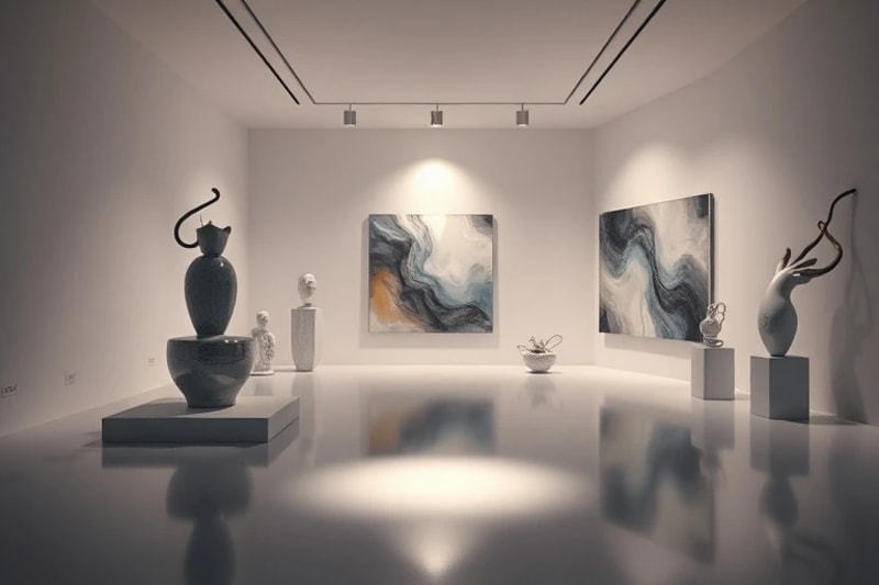 Futuristic minimalist art gallery interior with abstract AI-generated sculptures and paintings.