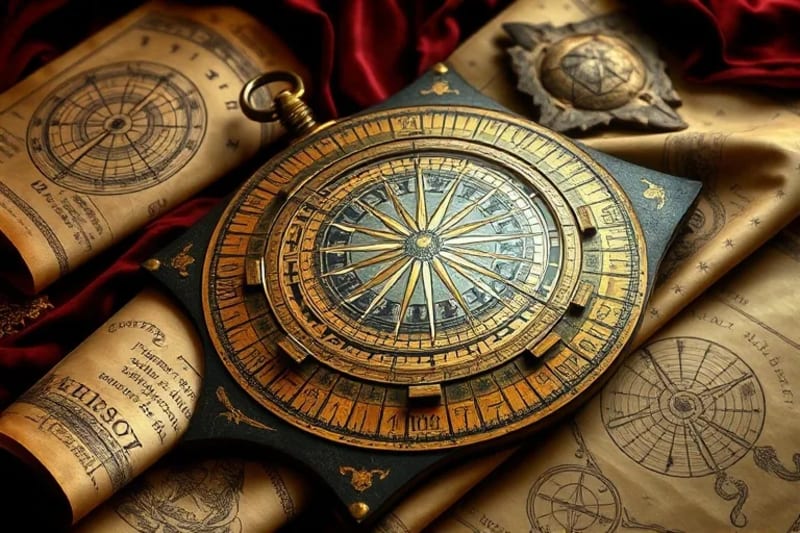 Ancient astrolabe with cosmic maps and astrological charts