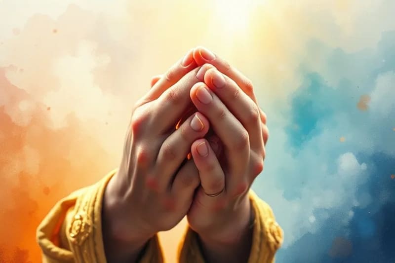 Manos entrelazadas en oración, reflejando la búsqueda de consuelo y significado en un mundo complejo.
