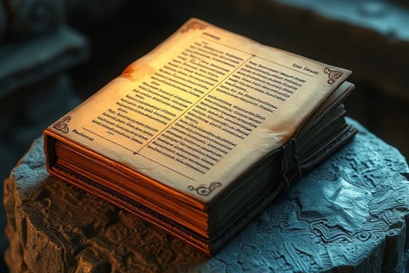 Antiguos pergaminos y textos sagrados iluminados por una luz mística, simbolizando la tradición y la sabiduría.
