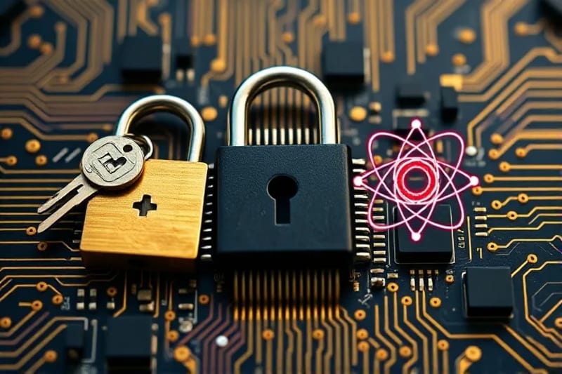 Ilustración vectorial de un candado clásico y un qubit cuántico, simbolizando la transición criptográfica