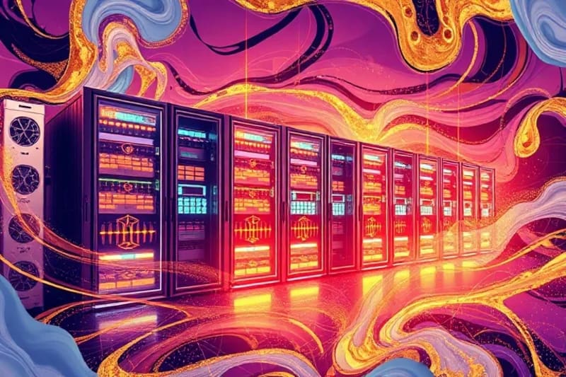 Render 3D de un centro de datos seguro con circuitos cuánticos y proyecciones holográficas