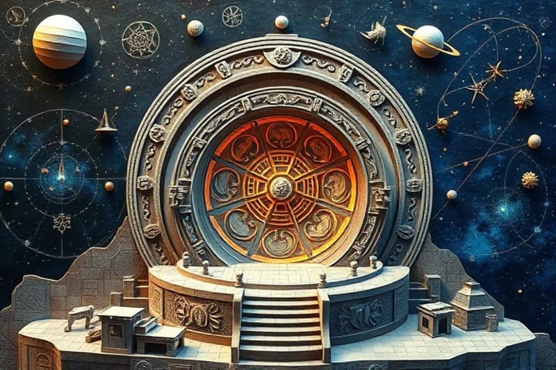 Detailed digital painting of an ancient observatory interior with celestial maps and symbols.