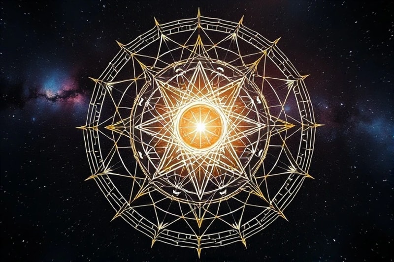 Abstract 3D render of interconnected geometric patterns and light beams representing cosmic order.