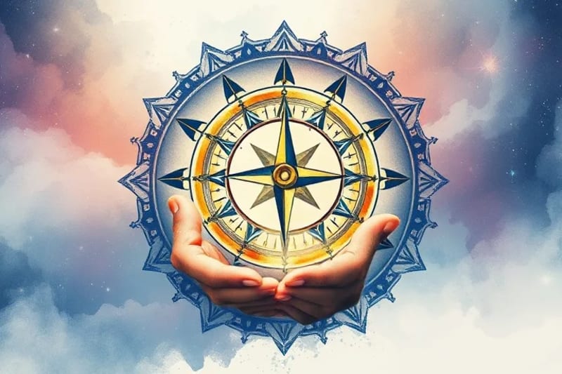 Conceptual art of a hand holding a compass over a star chart, symbolizing guidance and spiritual journey