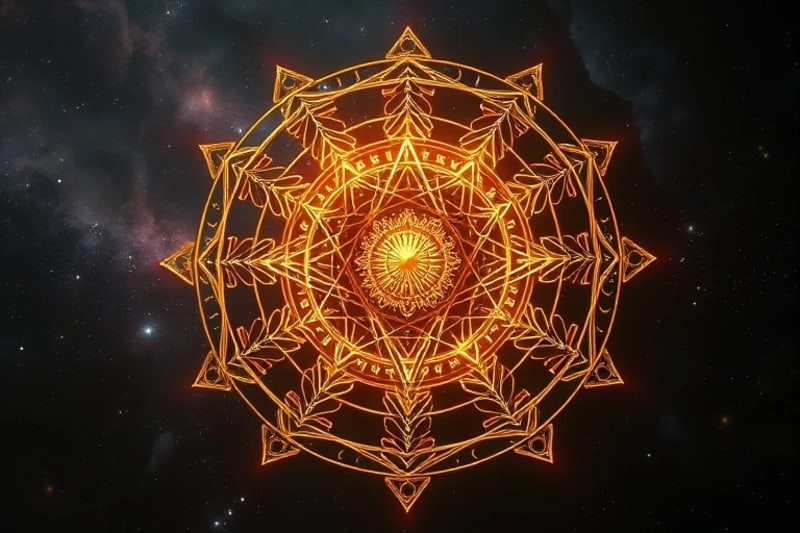 Abstract 3D render of cosmic clockwork with glowing threads, representing destiny and spiritual connection