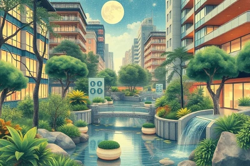 Parque urbano sereno con arquitectura ecológica y personas interactuando