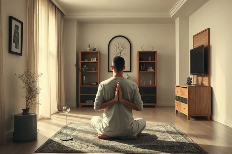 Persona meditando en un apartamento moderno con dispositivos apagados