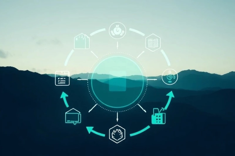 Diagrama vectorial de una cadena de suministro circular con íconos de reciclaje, producción y consumo, conectados por líneas de datos
