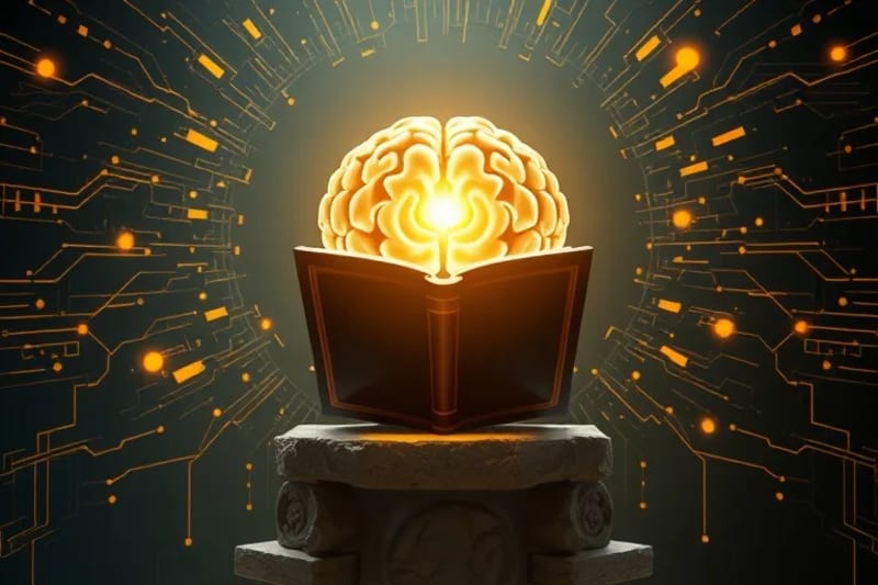 Cerebro irradiando calma frente a líneas caóticas de información digital