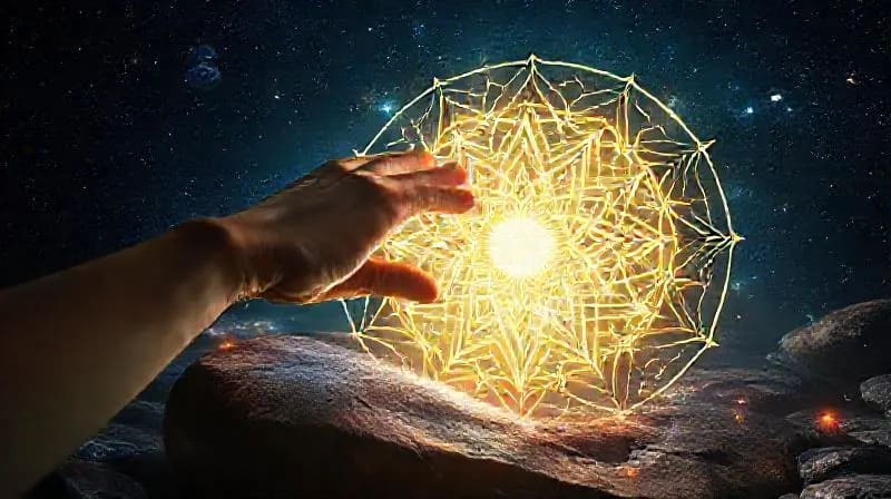 Close-up of a hand interacting with a glowing digital energy grid projected onto a smooth river stone.