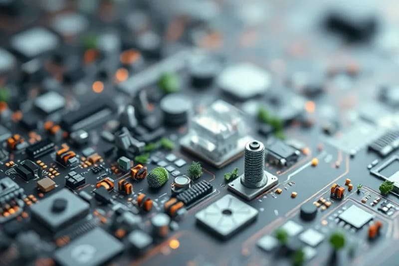 Render 3D de un ecosistema digital y físico interconectado, con nodos de datos flotando sobre un paisaje industrial y natural, simbolizando la integración de blockchain en la economía circular