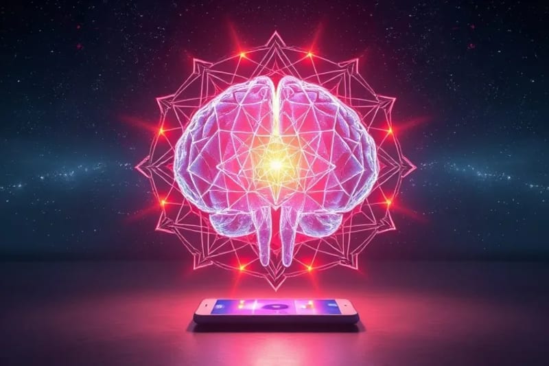 Stylized glowing brain model connected by light beams to digital devices, symbolizing neural pathways and digital healing.