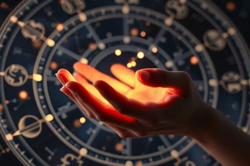 Manos interactuando con carta astral holográfica