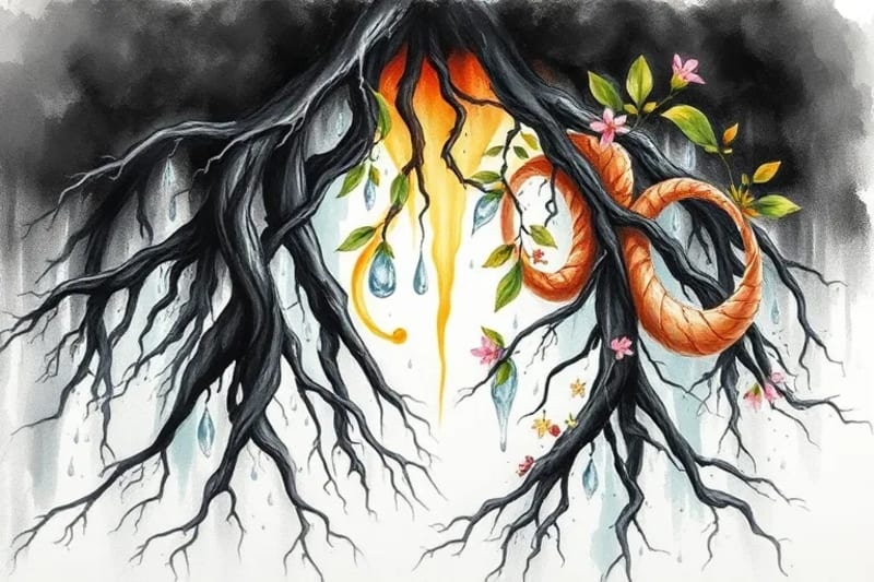 Pintura acuarela de raíces oscuras transformándose en ramas vibrantes, con gotas de agua purificadoras.