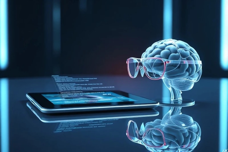 Conceptual still-life of legal code, futuristic glasses, and brain model