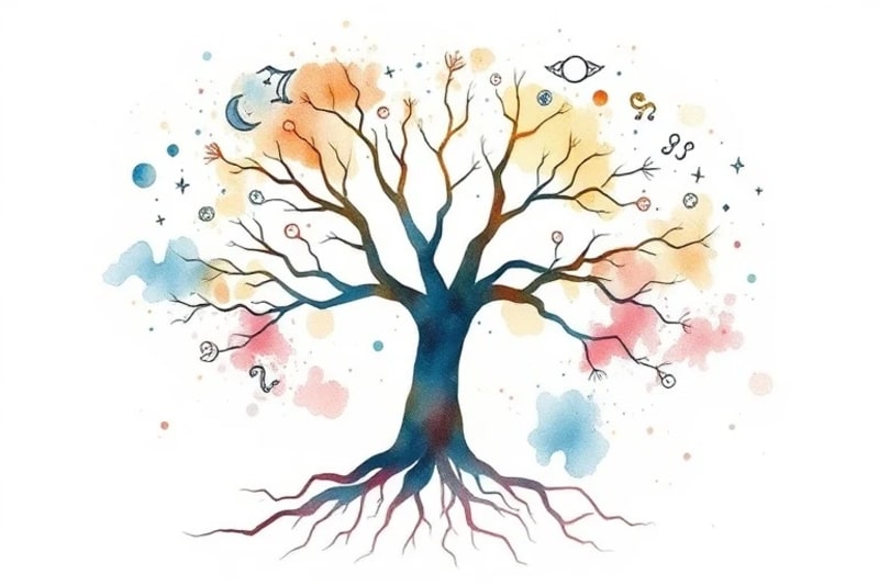 Watercolor of ancestral family tree with cosmic roots