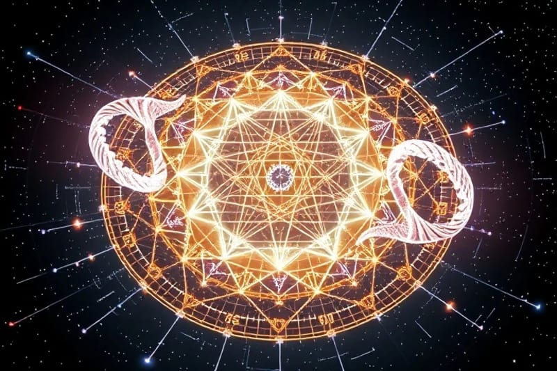 3D render of birth chart projected onto DNA helix