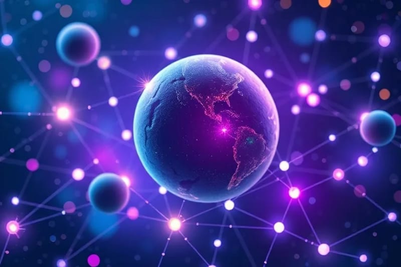 Digital art illustrating legal documents and data streams connecting planets and spacecraft