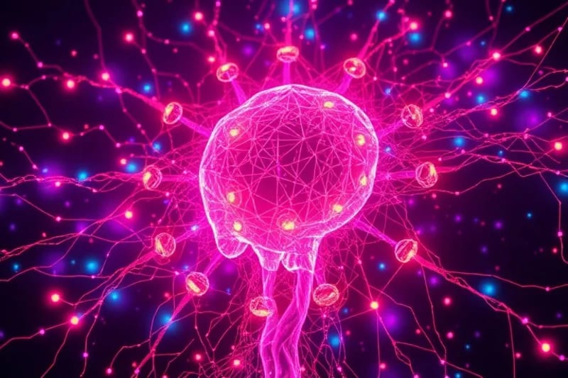 Abstract digital art of a neural network with organic forms, glowing nodes, and harmonious colors