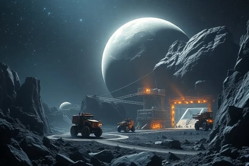 3D render of robotic machinery extracting minerals from an asteroid surface