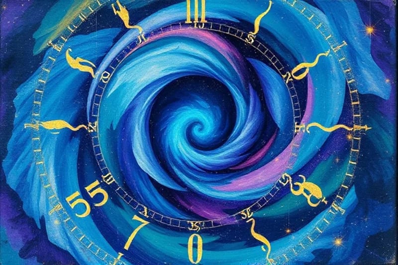 Abstract painting of a swirling vortex of colors with faint patterns resembling brain waves or heart rhythms