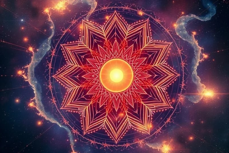 Representación abstracta de espirales de luz y símbolos planetarios, simbolizando equilibrio y armonía