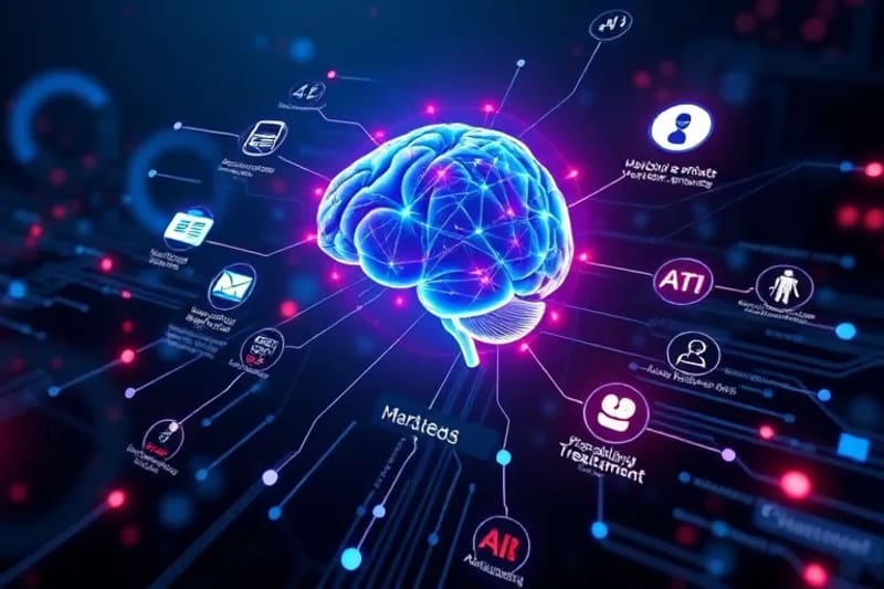 Diagrama vectorial que ilustra el flujo de datos de salud desde dispositivos portátiles y registros médicos a un sistema central de IA para análisis y alertas.