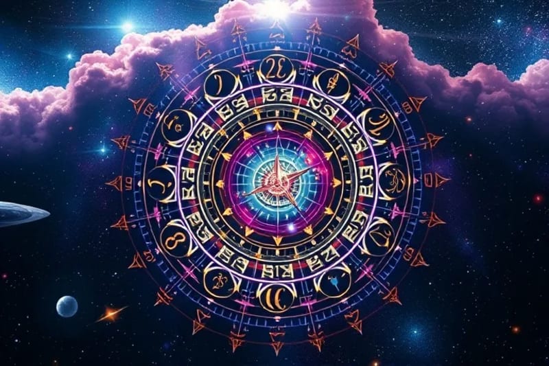 Cosmic clock with planetary symbols and zodiac signs
