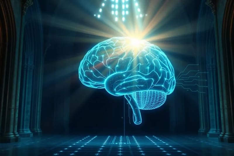 Representación abstracta de un cerebro humano fusionándose con circuitos y flujos de datos, simbolizando la superinteligencia y la integración con la IA.