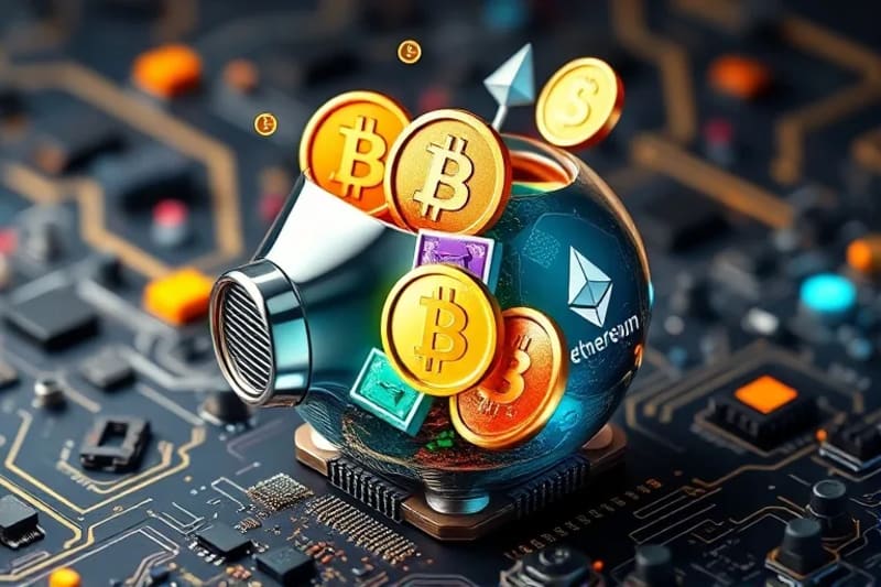 Stylized digital piggy bank filled with cryptocurrency symbols, depicting savings and growth.