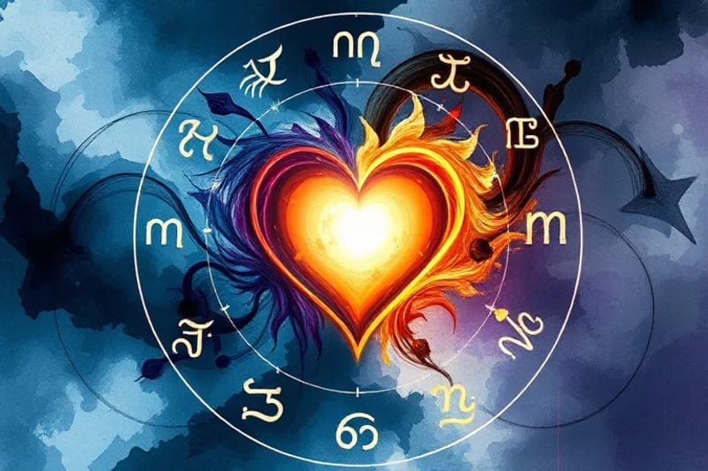Pintura acuarela de sombras y luces entrelazadas alrededor de un corazón brillante, simbolizando la confrontación y curación de los aspectos inconscientes de la psique.