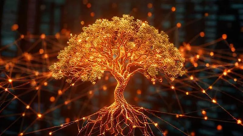 A 3D rendered network of decentralized finance nodes with a growing tree symbolizing long-term investment.