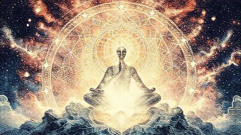Render 3D de una estructura cristalina emergiendo de una nebulosa cósmica, con figuras etéreas meditando, simbolizando el despertar espiritual y la conexión universal.