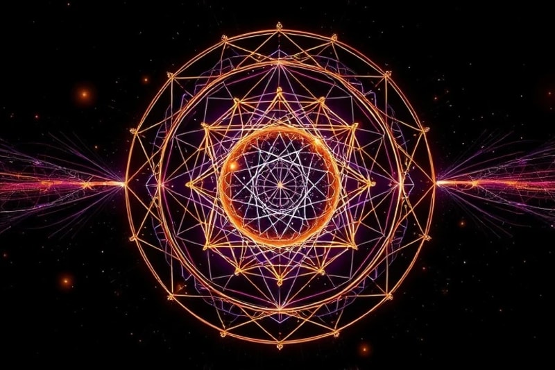3D render of a timeline converging into a luminous sphere, surrounded by abstract threads of light, symbolizing soul contracts and karmic ties.