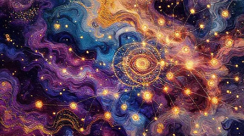Vector art depicting an AI neural network with embedded esoteric symbols like an eye and ouroboros.