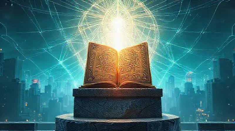Representación abstracta de energía espiritual ascendiendo de un paisaje urbano.